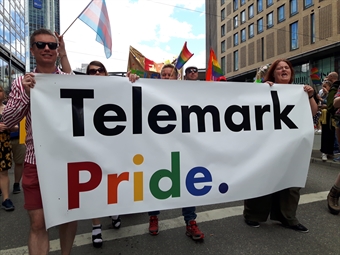 Pride parade. Foran bæres en stor vimpel med teksten "Telemark Pride"